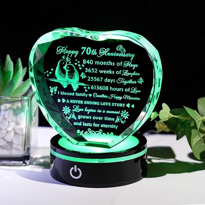 YWHL 70th Wedding Anniversary Crystal Gift For Couple Parents With LED Base, 70th Anniversary Heart Keepsake For Wife, Husband, Grandparents, Laser Engraved 70 Years Of Marriage Gift For Her, Him