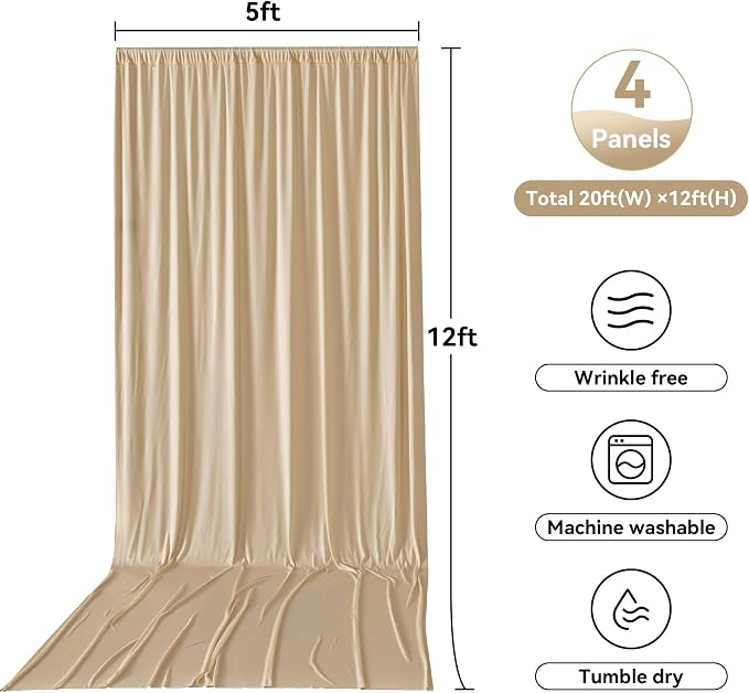 20ft x 12ft Champagne Backdrop Curtain for Parties, Wrinkle Free Polyester 4 Panels 5x12ft Photo Backdrop Drapes Back Drop Cloth for Wedding Birthday Party Baby Shower Photography Background