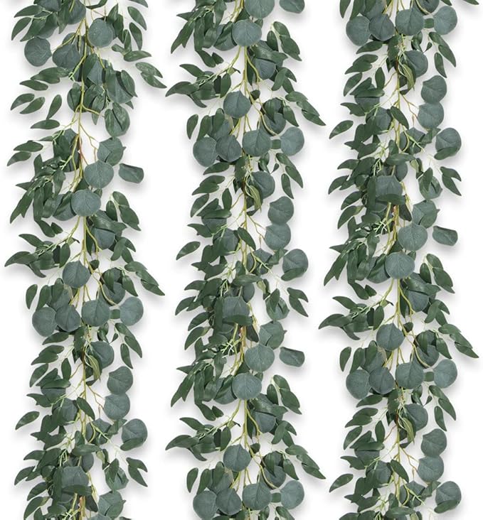 3Pcs Fake Eucalyptus Vines, 6.5FT Silk Ivy Garland, Odorless Lush Green Leaves Artificial Hanging Plants, Boho Forest Greenery Decor for Home, Classroom, Wall,Party, Wedding Decoration