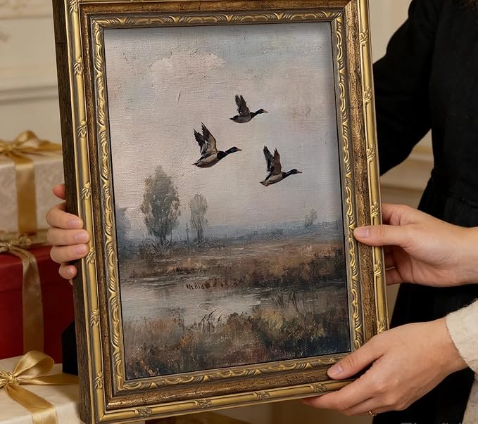 Vintage Gold Framed Flying Duck Wall Art Mallard Duck Canvas Wall Decor Rustic Mallard Poster Artwork Retro Rustic Farmhouse Animal Picture for Home Living Bedroom Farmhouse Hallway