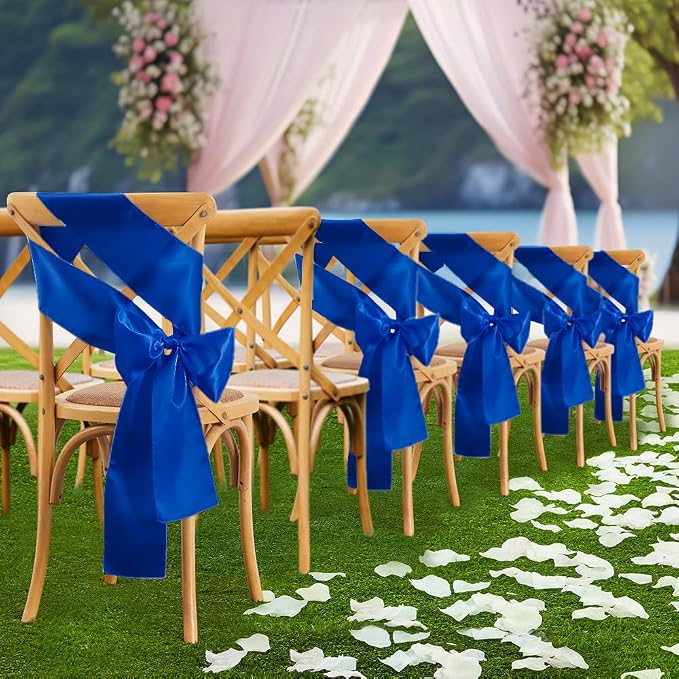 10 Pcs Royal Blue Satin Chair Sashes Bows Universal Chair Cover for Wedding Reception Events Banquets Party, Hotel Event Decorations, 6 x 108 inch