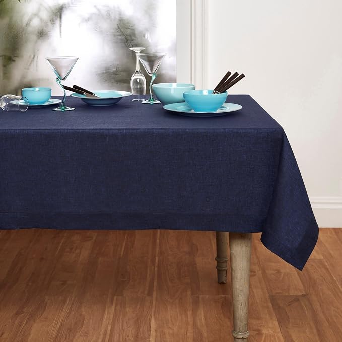 Solino Home Linen Tablecloth 60 x 90 Inch - 100% Pure Linen Chambray Navy Table Cloth for Rectangle Tables - Athena, Machine Washable Tablecloth for Summer