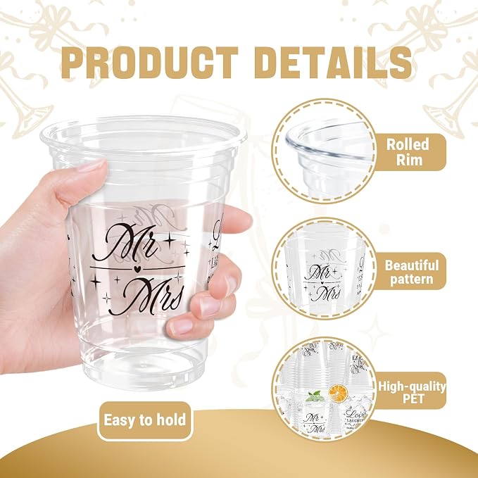 100 Pcs Wedding Plastic Cups 12 oz Mr and Mrs Disposable Cups Wedding Reception Drinking Cups for Bridal Shower Engagement Bachelorette Party Anniversary Decor
