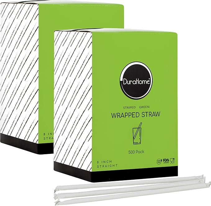 DuraHome Green Plastic Straws Individually Wrapped 1000 Pack, 8 inch BPA Free Restaurant Style Disposable Drinking Straw 0.24" Wide, for Coffee House, Diner or Home, Decorative Display Boxes, Bulk Set