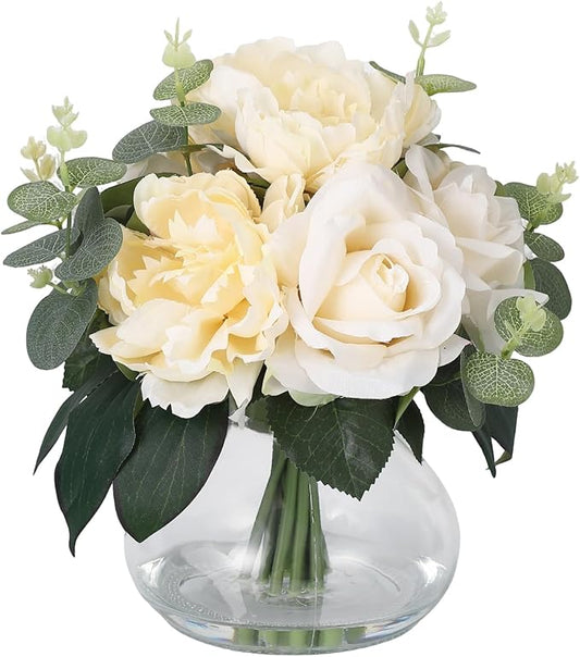 Lifelike Artificial Flower Arrangements with 4 Roses + 4 Peonies in Glass Vase with Faux Water for Wedding & Home Table Centerpieces