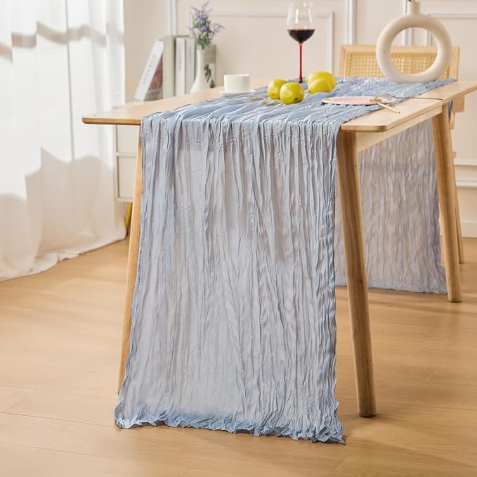 Dusty Blue Spring Table Runner Boho Cheesecloth Table Runner 120 inches Crinkled Gauze Sheer Mother's Day Table Centerpieces for Wedding Ceremony Anniversary Bridal Baby Shower Banquet