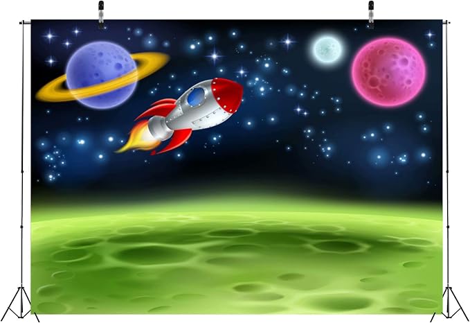 BELECO 5x3ft Fabric Cartoon Outer Space Backdrop Planet or Alien Moon with Rocket Ship Photography Backdrop for Birthday Party Decoration Kids Photoshoot Photo Background Photo Booth Props