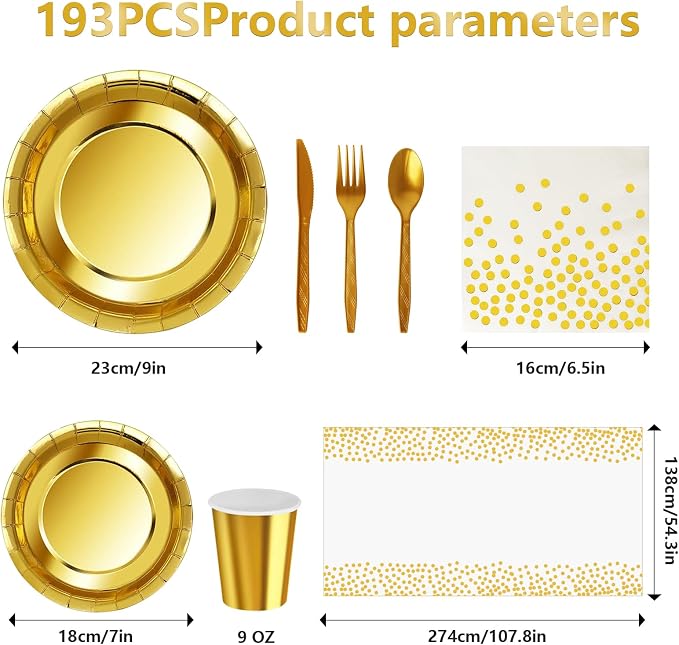 Nkaiso 193 Pcs Golden Paper Plates and Napkins Party Supplies Sets Include Gold Party Plate Cup Napkin Plastic Cutlery for Baby Shower, Wedding, Birthday Decoration -24 Guest