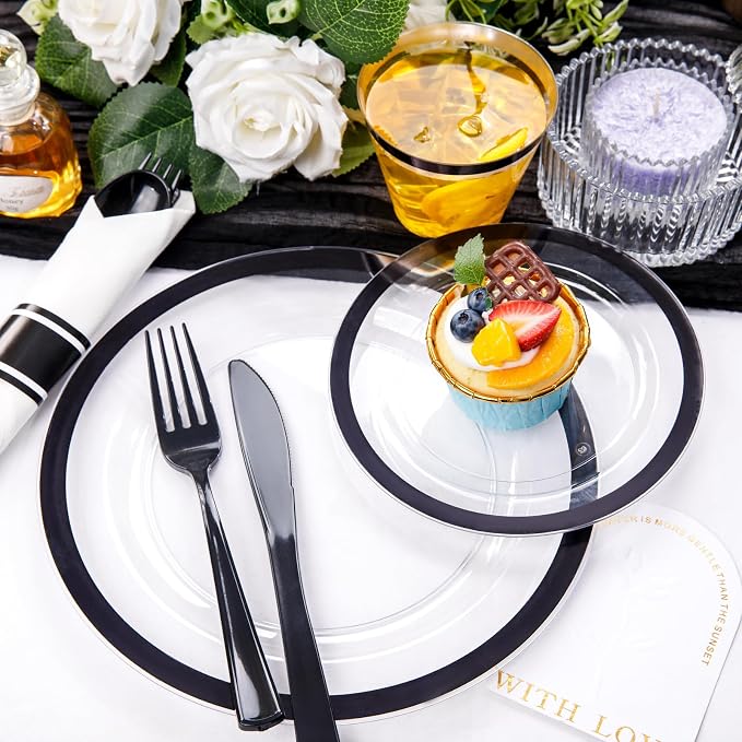 Liacere 350PCS Clear Black 350PCS Disposable Dinnerware Set for 50 Guests- 100 Plastic Plates, 50 Pre rolled Black Silverware,50 Plastic Cups for Wedding & Party & Graduation