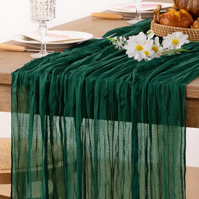 MLMC 2 Pack Emerald Green Table Runner Boho Dark Green Cheesecloth Table Runner 10ft Sheer Gauze Cheese Cloth Decorations for Wedding Bridal Shower Home Party Decor