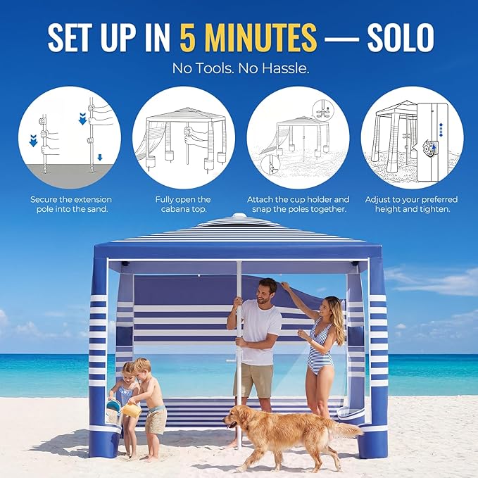 Beach Cabana, 8 x 8 ft Large Pop Up Beach Canopy Tent Sun Shelter for 6-8 Person Family, UPF 50+ UV Protection Beach Shade with Sidewall & Sandbags, Windproof Reinforced Poles for Beach Camping