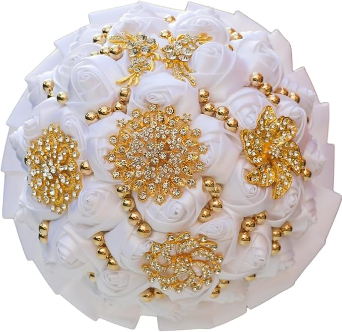 White Wedding Bridal Bouquet with Gold Brooch Bling Rhinestone Pearl Satin Rose Flower Bouquet for Bride Bridesmaid Quinceanera Wedding White 9.5in