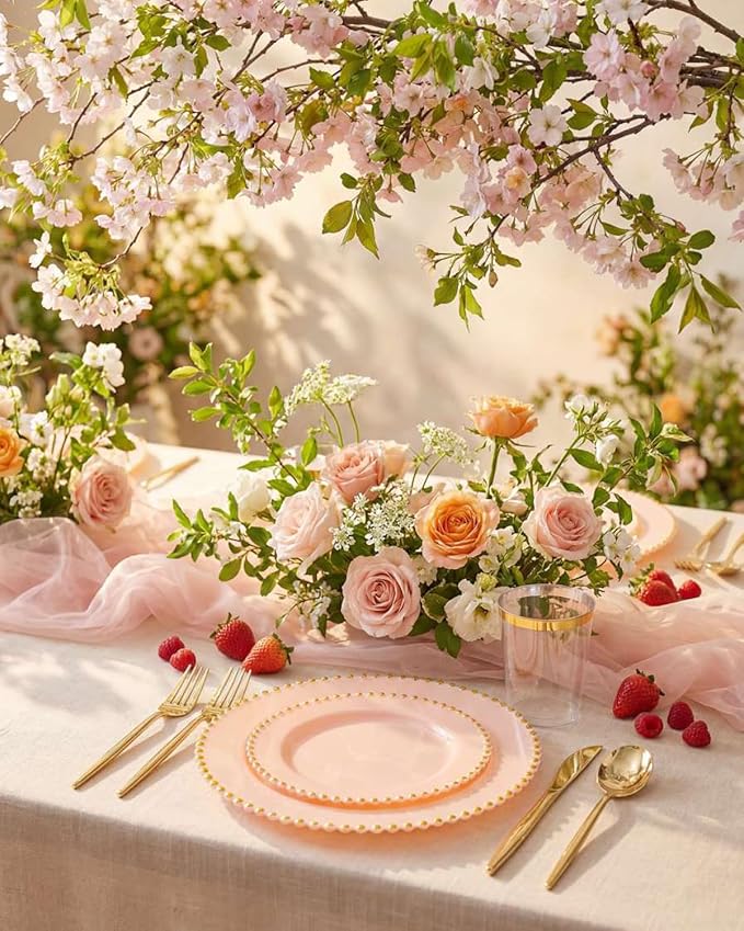 180pcs Pink Plastic Plates with Gold Beads,Elegant Heavy Duty Disposable Plates,Pink and Gold Dinnerware Set Include 10.25" Dinner Plate and 7.5" Dessert Plate with Plastic Silverware and Cups Party