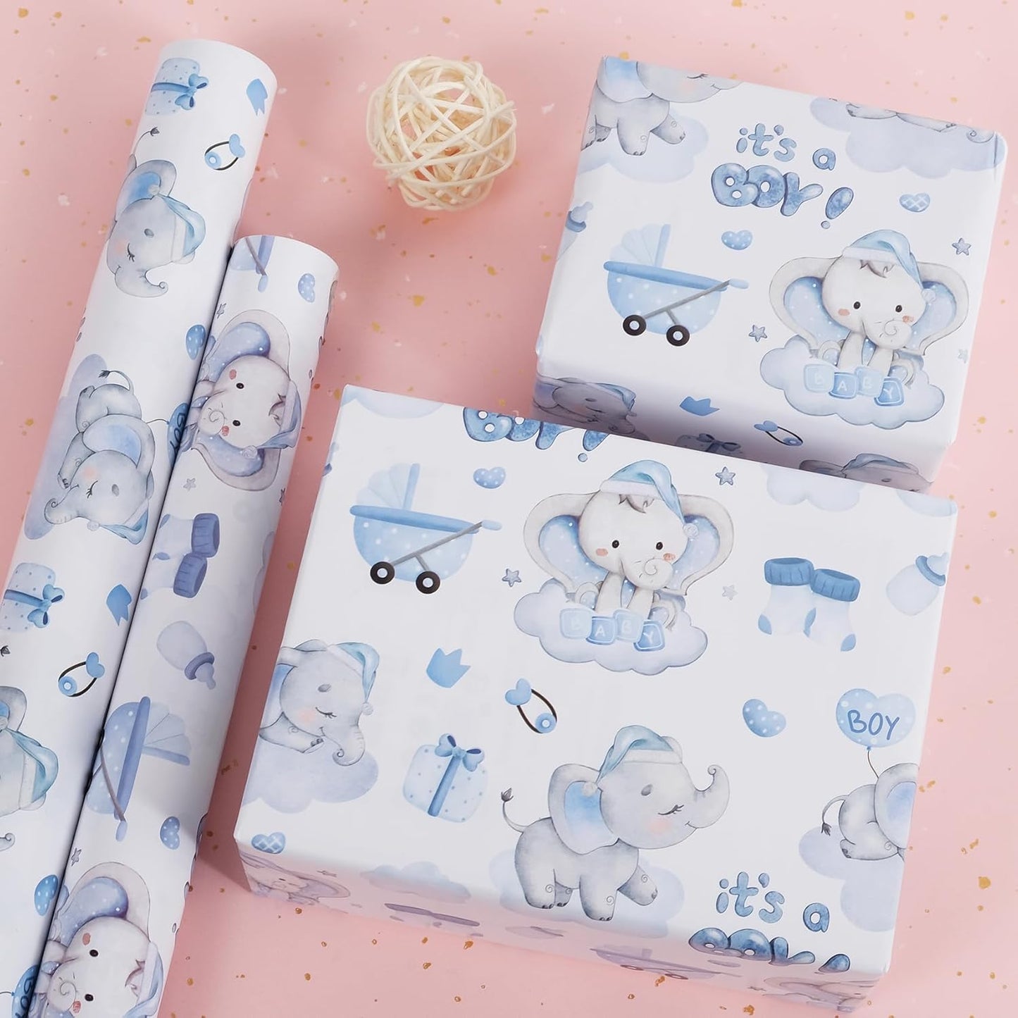 Aimyoo Blue Baby Shower Wrapping Paper Roll - 17 Inch X 32.8 Feet - Cute Elephant with It‘s A Boy Letter Design Perfect for Boys, Birthday, Party