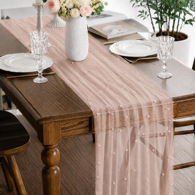 Pearl Pink Gauze Pearl Table Runner 120 Inch 10FT, Seasonal Sheer Dining Holiday Wedding Birthday Baby Shower Tulle Summer Table Decor for Home Party