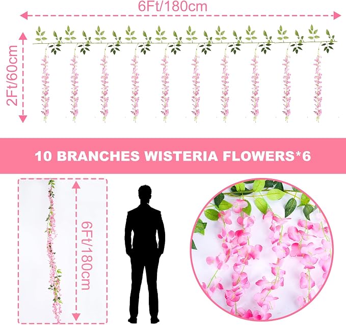 Alotiki Wisteria Artificial Flowers Garland,10Pcs Total 60ft Silk Fake Pink Wisteria Flowers Hanging for Home Garden Wedding Arch Party Indoor Outdoor Decor(10,Pink)