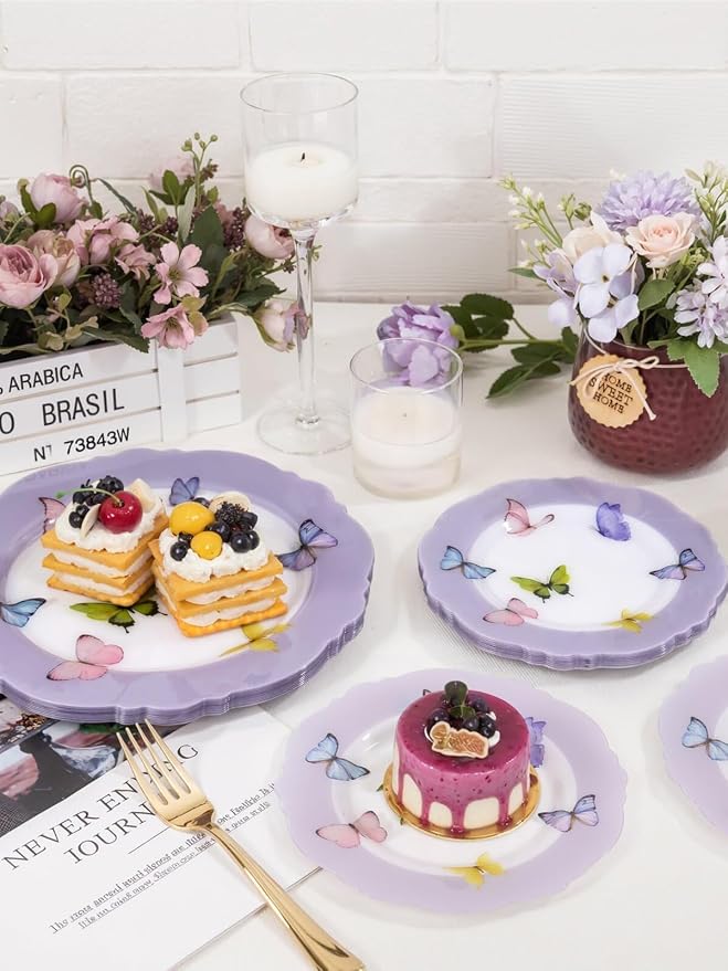 WDF 20PCS Purple Butterfly Plates - Baroque Spring Plates Disposable - Butterfly Party Decorations for Birthdays/Tea Party/Bridal Shower/Mother's Day