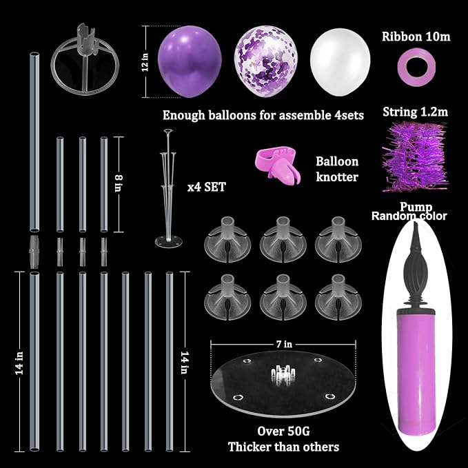 ZJDHPTY 4Set Purple Balloon Stand Table Centerpieces Party Decor | Birthday Decorations Graduation Retirement Bridal Shower Wedding Anniversary Halloween New Years Eve Party Supplies