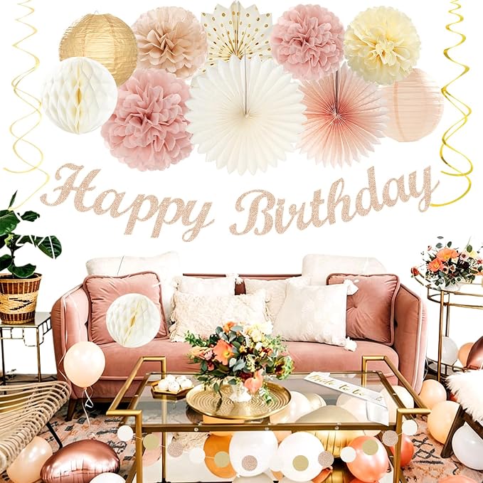 Beige Champagne Rose Gold Women-Girls Birthday Decorations - 21pcs Fall Boho Party Happy Banner, Peach Streamers,Paper Lanterns,Pom Poms Fans 16th 18th 20th 21st 30th Birthday Rustic Backdrop Huglony