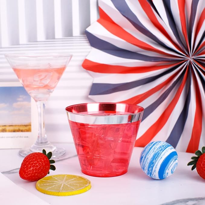 LIYH 100 Pcs 9 oz Red and Blue Disposable Plastic Patriotic Cups, 4th of July Plastic Wine Glasses for Celebrate, 4th of July Disposable Party Cups for Independence Day 50 Each
