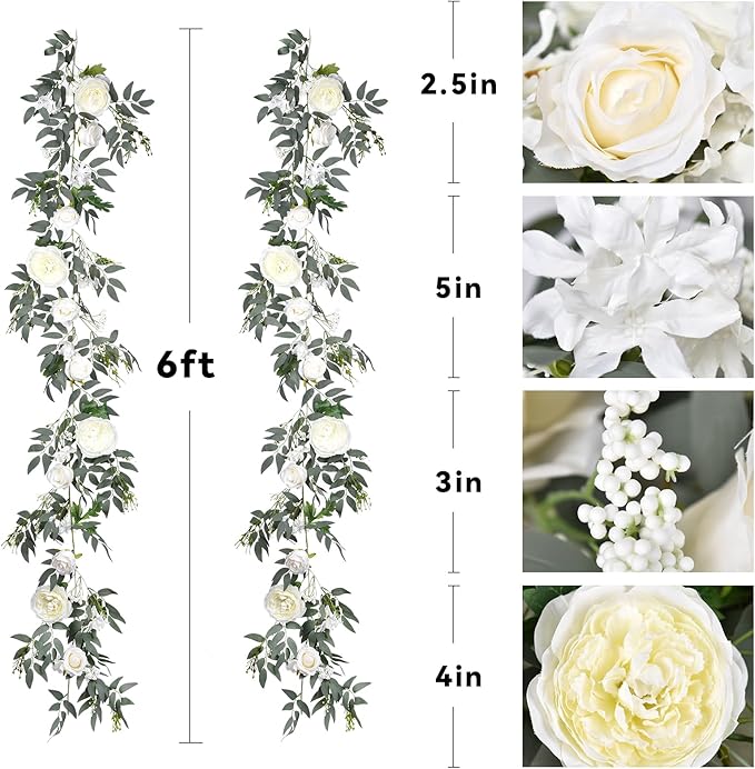 DearHouse 2Pack Artificial Peony Flower Garland - 6ft/Strand Silk Peony Flower Greenery Garland with Fake Willow Leaves for Wedding Ceremony Backdrop Party Table Centerpieces Decor (White)
