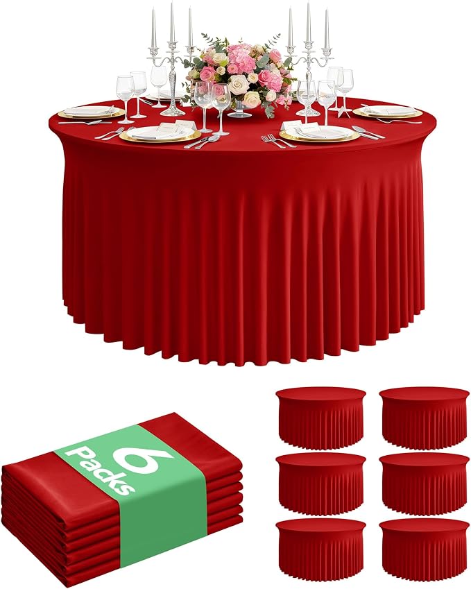 6 Pack Spandex Table Cover Skirts for 60 inch Round Tables, Red Stretch Table Cloths with Floor-Length Ruffle, Elastic Fitted Skirted Tablecloth for Elegant Wedding Banquet Party Buffet Decoration