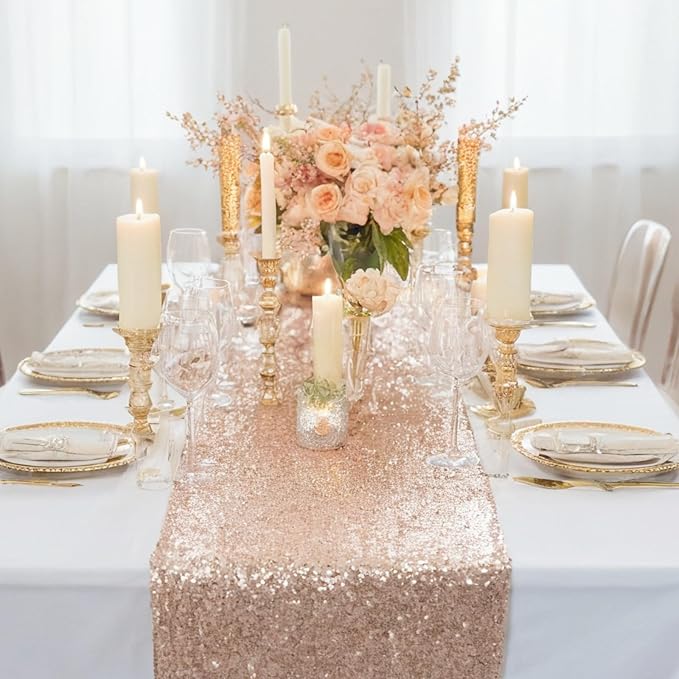 ShinyBeauty Champagne Table Runners 108 Inches Long Sequin Table Runner 20 Pieces Sparkly Table Cloth for Party Glitter Table Linen for Dinner Tables (12X108Inch)