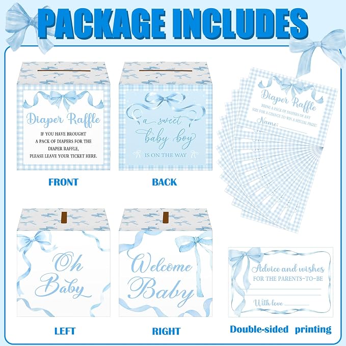 Teling 51 Pieces Diaper Raffle Tickets with Card Box Baby Shower Decorations Gender Reveal Holder Box for Girl Boy Diaper Raffle Party (Blue Bow)