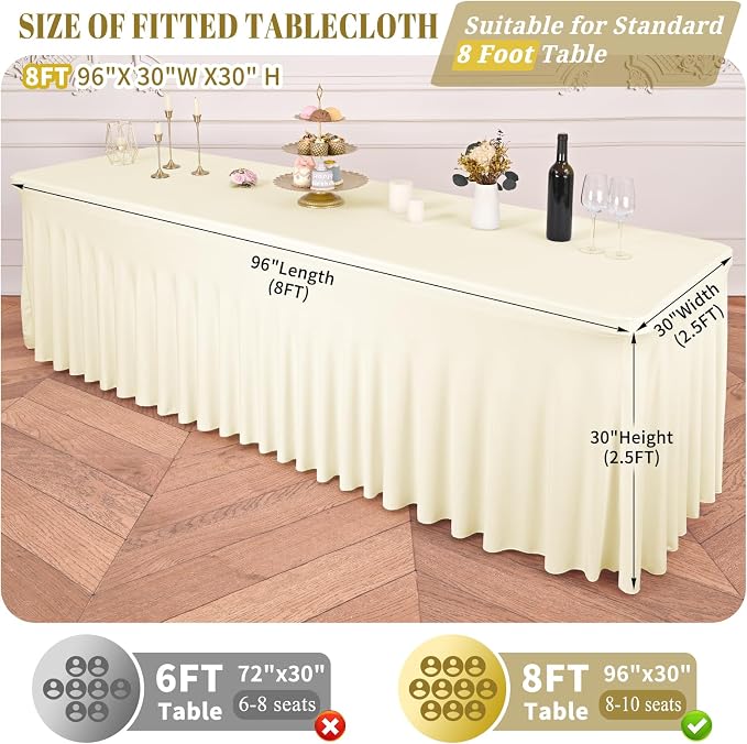 fani 6 Packs Ivory Stretch Table Skirts for 8 Foot Rectangle Table, Washable Spandex Stretch Tablecloths with Skirt, Wrinkle Resistant Fitted Tablecover for Wedding Party Banquet