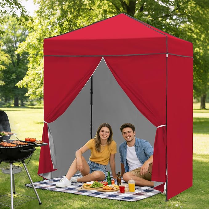 6x4 Pop Up Canopy Tent with Four Wall Panels, Instant Portable Beach Canopy, Outdoor Tent with Carry Bag for Camping, Sports, Tailgating, Events, Red