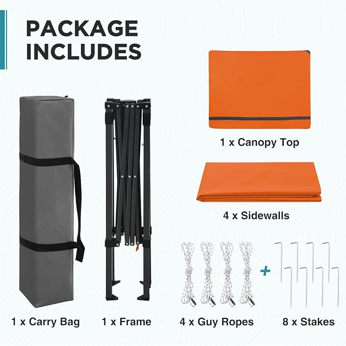 EAGLE PEAK 6x4 Instant Pop Up Canopy Tent with 4 Side Wall Panels, Straight Leg Sun Shelter, Portable Canopy with Carry Bag for Camping, Beach & Sports, Orange