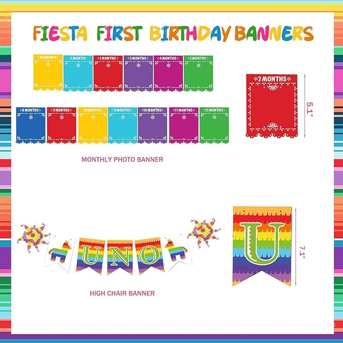 First Fiesta Birthday Decorations, Mexican Theme 1st Uno Party Decorations Backdrop Balloon Monthly Photo Highchair Banner Tablecloth Cake Cupcake Topper Box Cutout Crown Poster