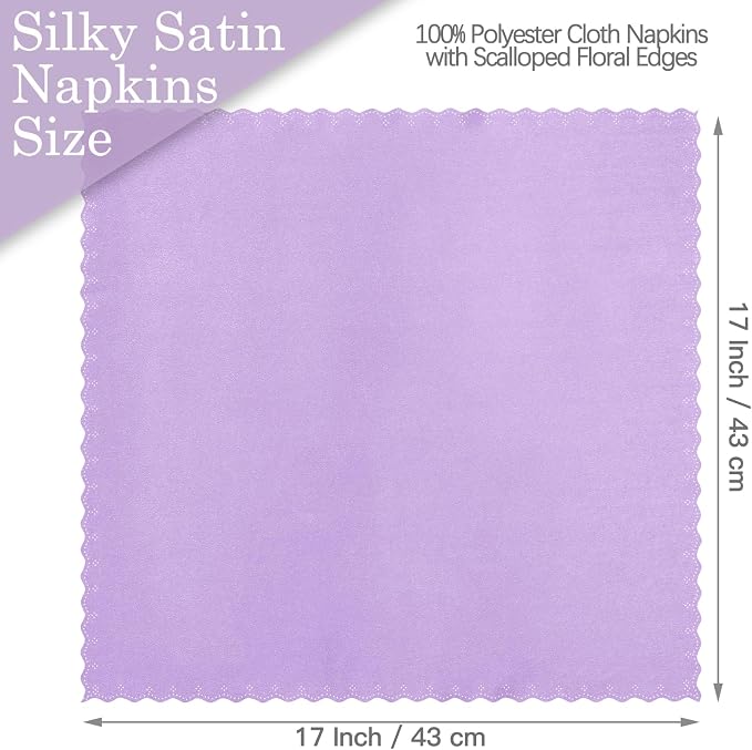 Homiest 100 Pack Light Purple Satin Napkins 17x17 Inches - Scalloped Square Silky Elegant Dinner Decor for Wedding, Restaurant, Graduation Party