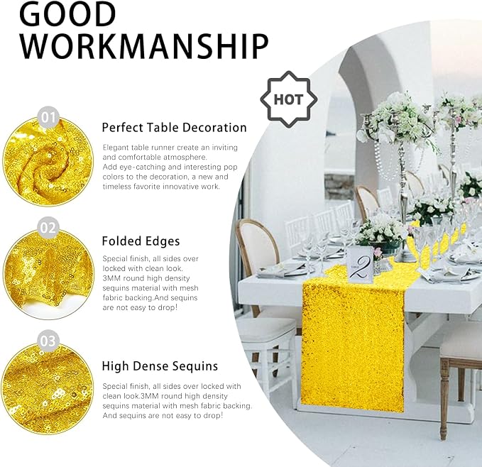 10 Packs 12 x 72 inches Yellow Sequin Table Runner, Glitter Runner for Birthday Party Supplies Wedding Holiday Celebration Baby Shower Engagement Anniversary Decor
