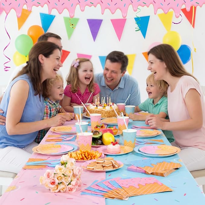 LemonRoad 452 Pcs Ice Cream Party Decorations for 50 Disposable Ice Cream Cone Tableware Set Paper Plate Cup Napkin Tablecloth Fork Straw Spoon Supplies for Birthday Sweet Summer Baby Shower Dinner