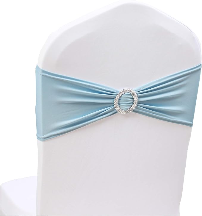 50PCS Spandex Chair Sashes Bows Elastic Chair Bands with Buckle Slider Sashes Bows for Wedding Decorations (50PCS, Light Blue)
