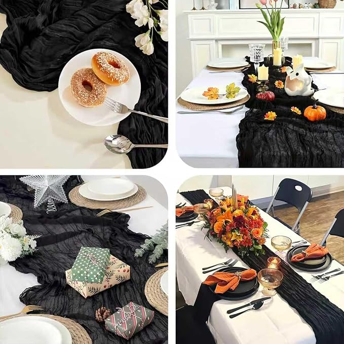 Cheesecloth Table Runner 10ft Rustic Gauze Cheese Cloth 35 x 120 Inches Long for Christmas Wedding Bridal Baby Shower Birthday Table Decorations (Black, 1 Pack-10FT)