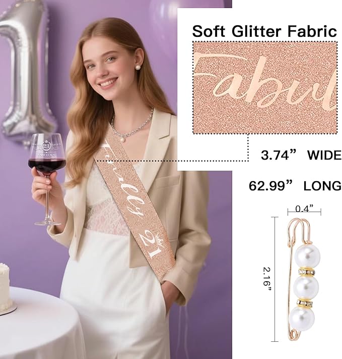 21st Birthday Gifts,Unique Engraved 21st Wine Glass,21 Year Old Birthday Decorations For Her,21&Fabulous Sash and Tiara For Women,Friends,Sister-Turning 21th Party Favor Supplies