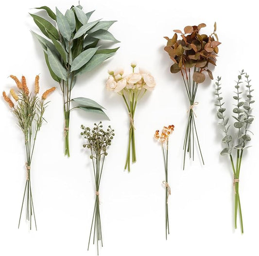 Ling's moment Artificial Greenery Stems Box Set, 33pcs with 7 Kinds of Faux Greenery Picks for DIY Bridal Bouquets Wedding Floral Arrangement Table Centerpieces, Amber & Green