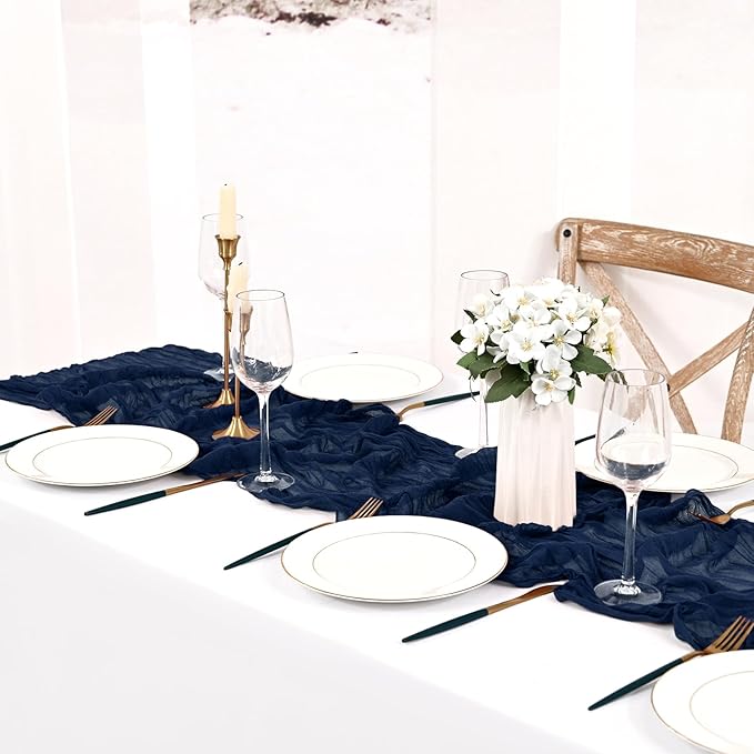 8 Pack Navy Blue Cheesecloth Table Runner 10FT Boho Gauze Cheese Cloth Table Runner Rustic Sheer Fabric Table Runners for Wedding Bridal Shower Baby Shower Party(21.5×120 Inch)