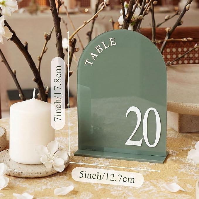 AceOrbit Sage Green Wedding Table Numbers 1-20 with Stands 5" x 7" Green Acrylic Wedding Signs with Holder Elegant Arch Numbered Signage Tabletop Reception Sign for Anniversary, Banquet, Event Decor