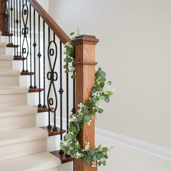 8 Pcs 5.9Ft Eucalyptus Garland, Artificial Eucalyptus Leaves with Flowers Faux Table Greenery Garland Fake Wreath Vines Decoration for Centerpiece, Wedding, Arch, Wall, Stair, Party