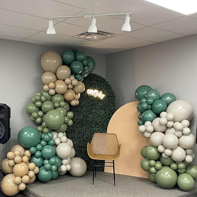 Double Stuffed Sage Green Balloons Arch, Olive Dusty Green Brown Beige Neutral Balloon Garland Kit, White Sand Apricot Tan Latex Balloon for Baby Shower Birthday Jungle Safari Party Decoration