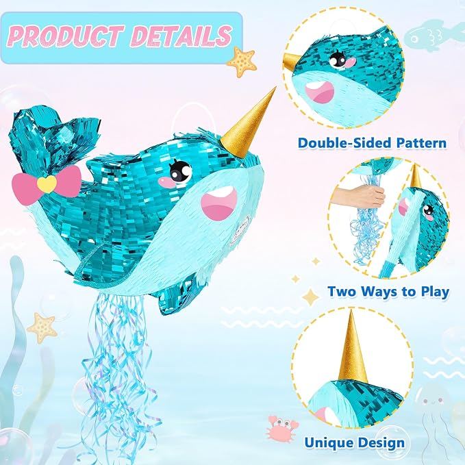 WERNNSAI Narwhal Piñata - Girl Narwhal Party Piñata Game Whale Ocean Themed Party Decor for Kids Under the Sea Classroom Decorations Summer Season Baby Shower Favors