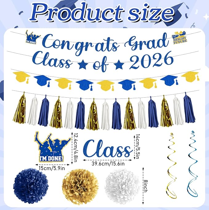 Rakuto Navy Blue and Gold Graduation Decorations 2026, 32PCS Congrats Grad Class of 2026 Glitter Banners and Hanging Swirls, Congratulations Grad Tassel Garland and Paper Pom Poms Party Decor