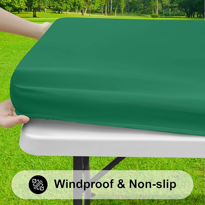 Smiry 3 Pack Rectangle Table Cloth, Elastic Fitted Flannel Backed Vinyl Tablecloths for 6ft Folding Tables, Waterproof Wipeable Table Covers for Outdoor, Camping and Picnic (Emerald Green, 30"x72")