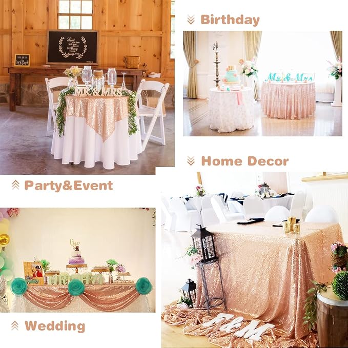 Eternal Beauty Rose Gold Tablecloth, 60x102 Inch Sequin Rectangle Table Cover for Mother's Day Cake Dessert Exhibition Party Birthday Events