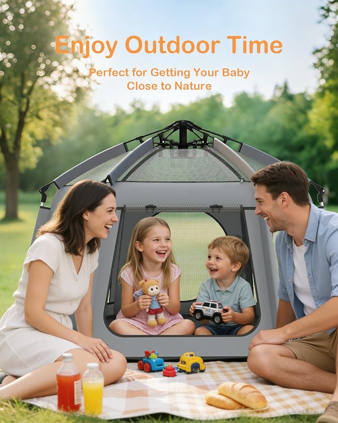 Pop Up Baby Play Pen with Auto-Lock & Aluminum Frame | Instant Setup Portable & Foldable Playpen with Carry Bag, Outdoor Baby Tent with Canopy for Beach, Backyard, Travel & Camping