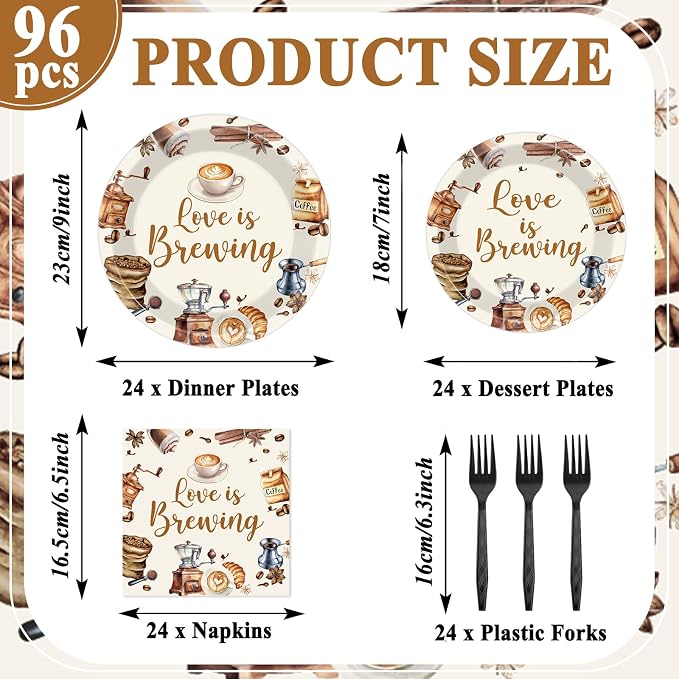 96Pcs Love Is Brewing Party Decorations Bridal Shower Tableware Coffee Theme Plates Napkins Forks Love is Brewing Coffee Dinnerware Party Supplies for Engagement Bachelorette Party Serves 24 Guests
