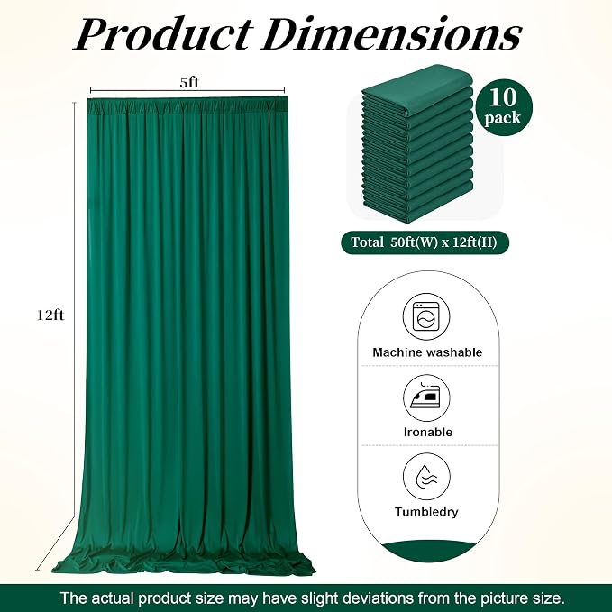 50ft x 12ft Wrinkle Free Hunter Green Backdrop Curtains for Parties, Silky Photo Backdrop Drapes 12FT Long Back Drop Cloth for Wedding Birthday Photography Background Decor
